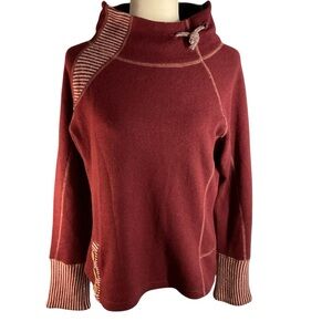 Prana Maroon Striped Knit Sweater Size L Wool Blend Drawstring Collar